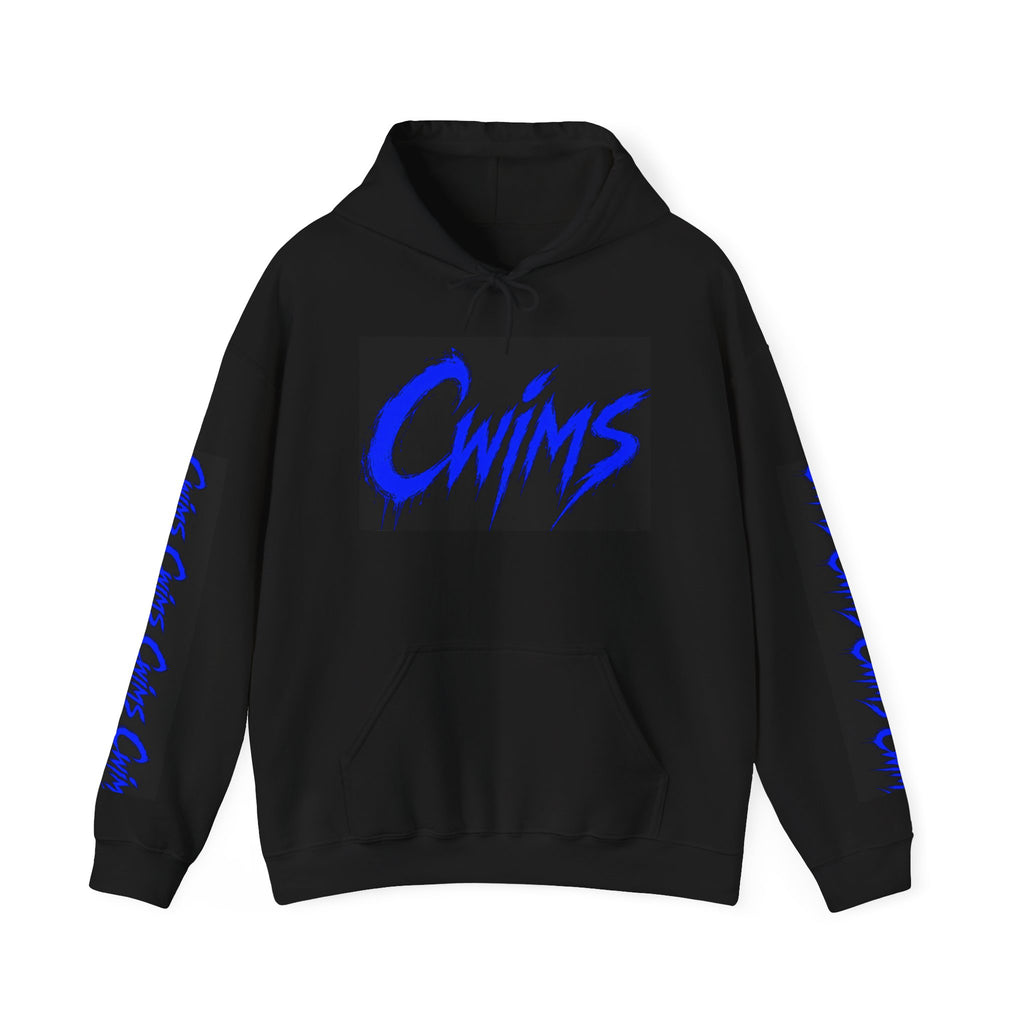 CWIMS Logo Hoodie — Streetwear Black Pullover with Electric Blue Script (Sleeve Print)